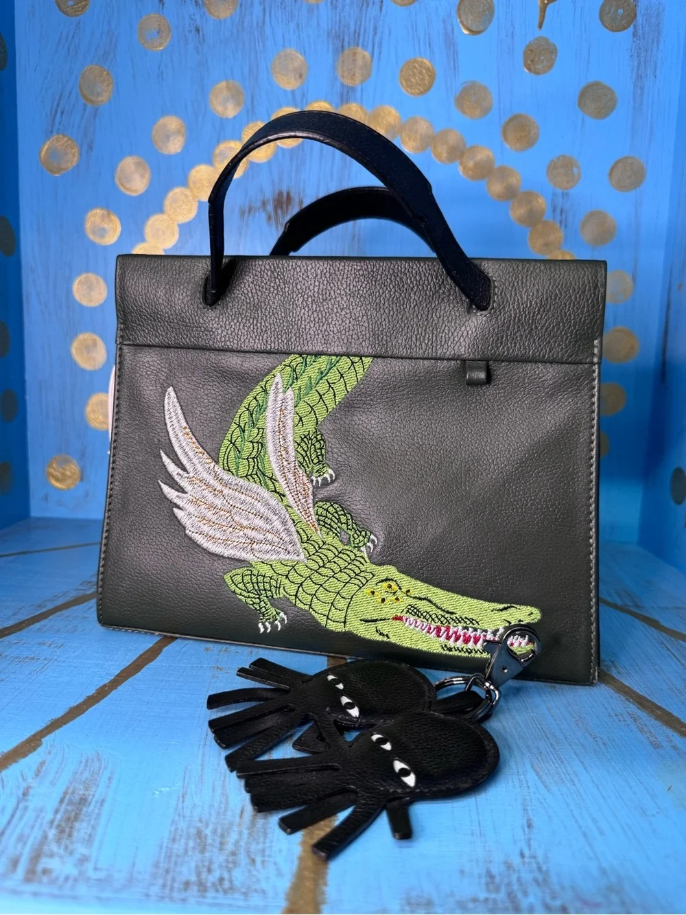 Min&Mon Green Leather Purse with Embroidered Crocodile